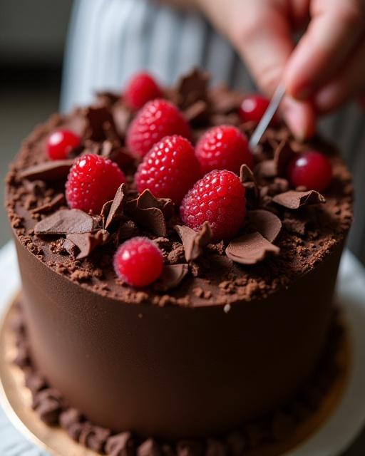 Decoración de una tarta con virutas de chocolate y frutos rojos.