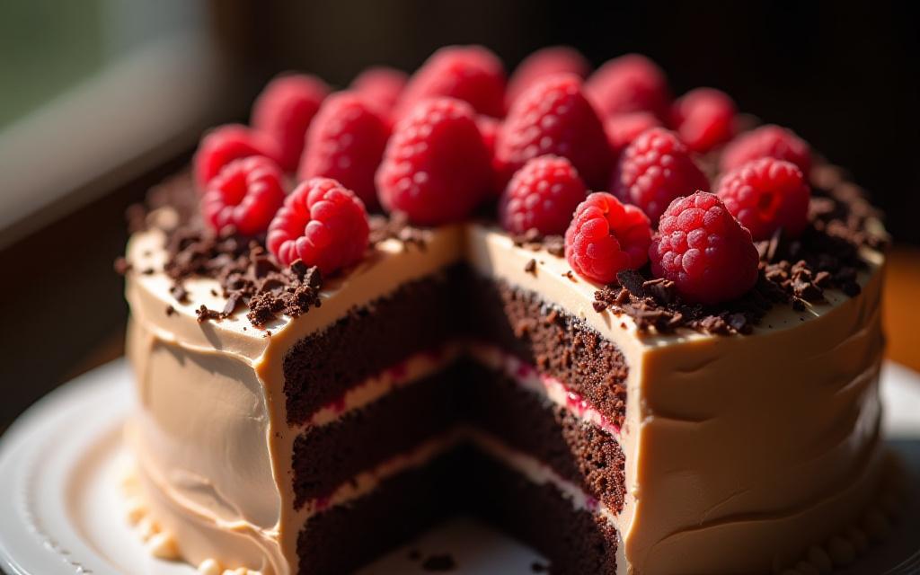 Primer plano de una exquisita tarta de frambuesas y chocolate de Jade Dulce.